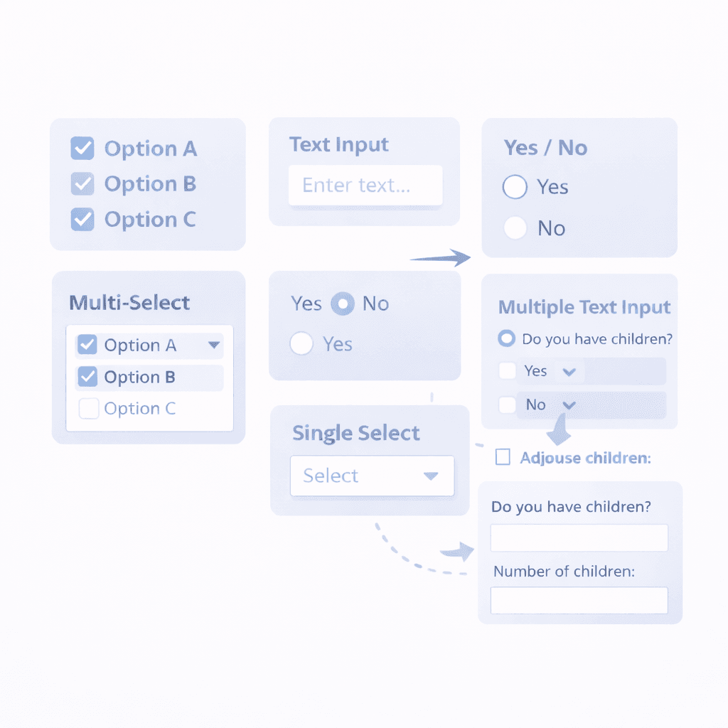 Multiple form field types including checkboxes, dropdowns, and text inputs